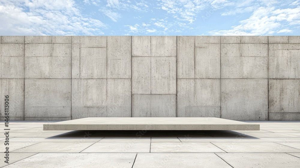 Poster a concrete wall with a square platform in front of it.