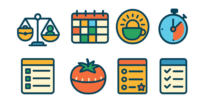 Flat vector icons of time management and work balance: work-life balance scale, time-blocked calendar, productive morning routine badge, timeboxing timer icon, weekly goal planner, pomodoro focus