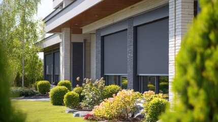 A stunning image of outside roller blinds for contemporary windows. Outside shutters on the home's windows.