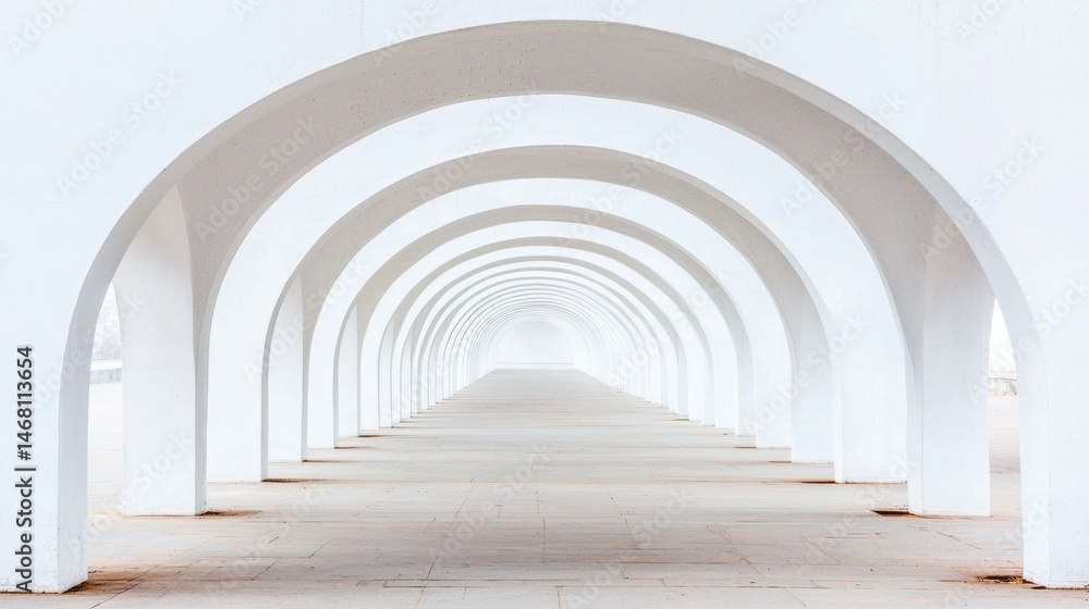 Poster a long white archway with evenly spaced columns leads to a bright, empty space.