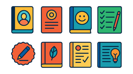 Flat vector icons of self-reflection and journaling: reflection notebook icon, journal prompt card, mood tracking diary, self-evaluation checklist, gratitude writing badge, personal growth journal,