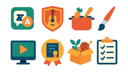 Flat vector icons of learning new skills: language learning app icon, musical instrument learning badge, cooking skill course, art class brush, online course enrollment, certificate achievement badge