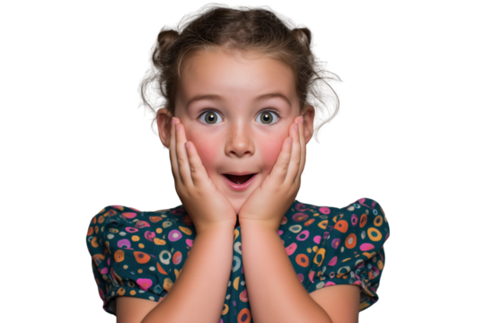 Surprised little girl with hands on cheeks PNG with a transparent background

