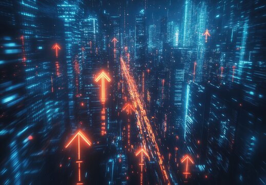 Urban digital growth.  Dynamic cityscapes with upward trends