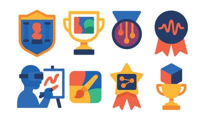 Flat vector icons of artistic world assets: sculpture gallery room badge, interactive mural wall trophy, light installation feature medal, sound-reactive art piece ribbon, VR painting zone icon,
