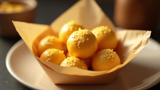uma por&ccedil;&atilde;o de bolinhas de queijo crocantes, douradas e bem assadas, servidas em um envelope de papel r&uacute;stico