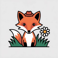 Obraz premium Cute Fox: Adorable fox sporting a charming hat. sitting amidst the grassy field, and a floral companion to add a touch of color and harmony. A delightful image!