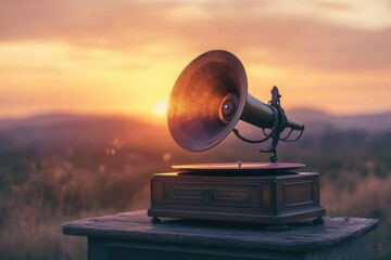 Vintage gramophone silhouetted against a breathtaking sunset, evoking nostalgia and the golden age of music.