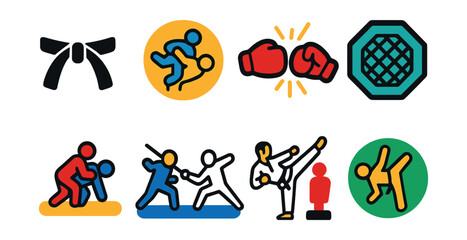 Flat vector icons of martial arts and combat sports: karate belt icon, judo throw badge, boxing gloves punch, MMA octagon badge, wrestling takedown icon, fencing match scene, taekwondo high kick,