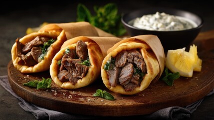 Delicious Gyros Trio with Tzatziki Sauce on Rustic Wood Platter.