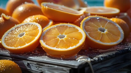 Several halved oranges are arranged, showcasing their juicy interiors and the membranes separating the segments. The focus is sharp on the cut surfaces, emphasizing the texture and the vibrant color o