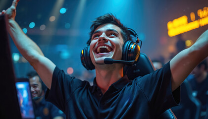Gamer celebrates victory. Young man in headset with open mouth, raised hands, smiles. Esports player winner. Excitement, joy at tournament, competitive gaming.