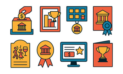 Flat vector icons of museum fundraising: donation box at counter badge, membership tier chart trophy, legacy donor wall medal, capital campaign poster ribbon, annual gala invite icon, sponsor plaque