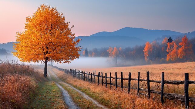 Autumnal pathway through a misty landscape  A lone, vibrant golden tree stands sentinel at the edge of a country lane,  leading into a hazy valley draped in autumnal hues