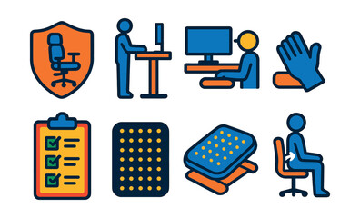 Flat vector icons of workplace ergonomic safety: adjustable chair badge, standing desk icon, monitor eye-level setup, wrist support pad, ergonomic workspace checklist, anti-fatigue mat symbol,