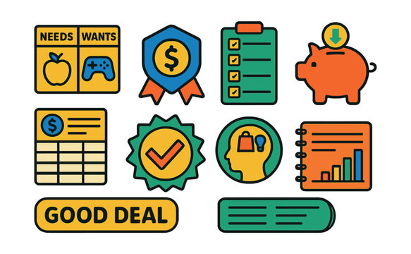 Flat vector icons of understanding spending choices: needs vs wants chart, wise spending badge, allowance budgeting sheet, shopping list planner, save before you spend reminder, good deal badge,