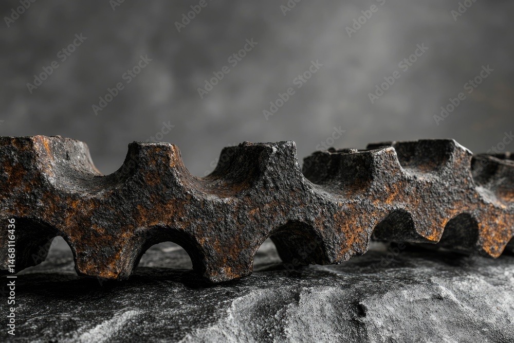 Poster rusty metallic gear segment, close-up view showcasing texture and wear from time and use.