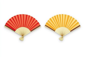 Two vibrant paper fans, one red and one yellow, displayed against a white background.  The fans feature a traditional Japanese style, with pleated paper and light-colored wooden handles