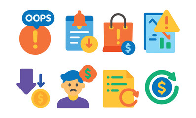 Flat vector icons of financial mistakes learning: oops overspending badge, forget-to-save reminder, unplanned shopping consequences icon, saving setbacks guide, money lost lesson plan, regretful