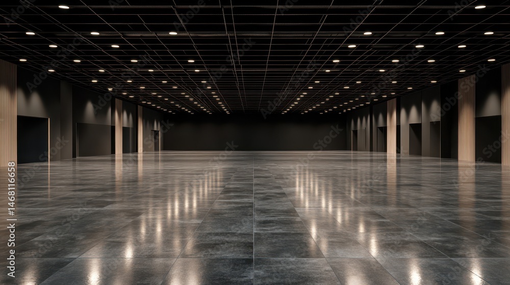 Poster 3d visualization of an empty dark hall: ideal backdrop for exhibitions and events with sleek tile fl
