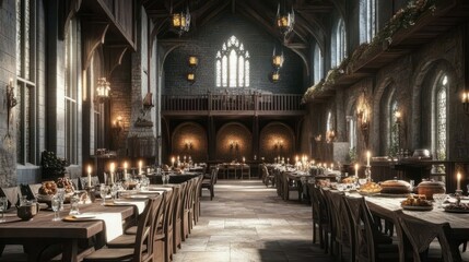 Obraz premium 3D Visualization of a Grand Medieval Dining Hall with Festive Tables Prepared for a Majestic Feast