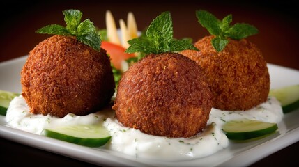 Crispy Falafel Trio on Yogurt with Mint Garnish, and Mediterranean Cuisine.