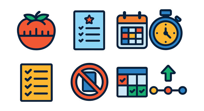 Flat vector icons of time management and productivity: pomodoro timer icon, productivity planning sheet, daily time blocking calendar, focused deep work timer, prioritized to-do list, avoid