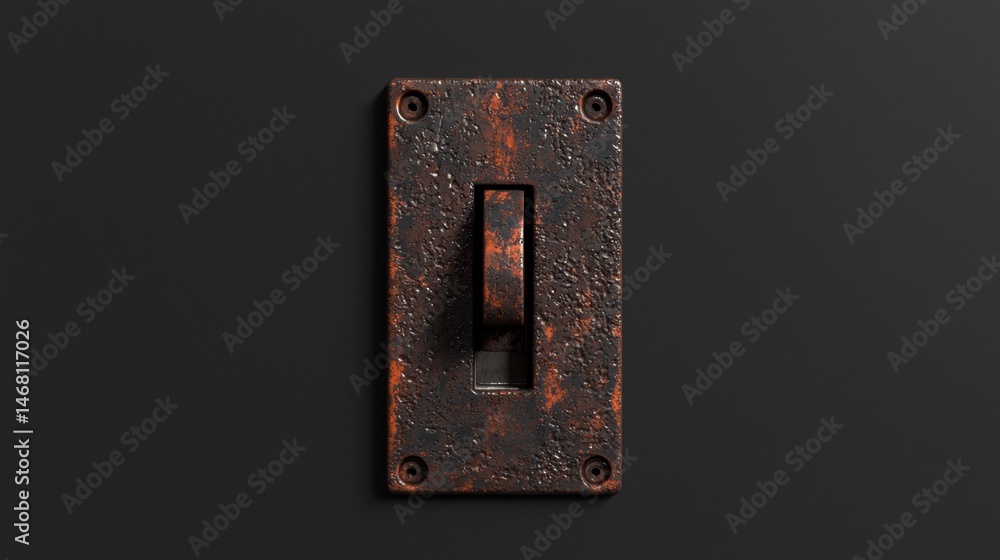 Poster a rusted metal light switch with a single toggle switch.
