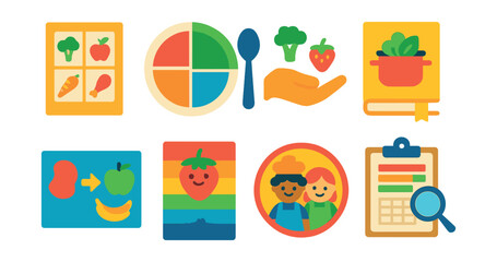 Flat vector icons of nutrition education for kids: food groups poster, colorful plate guide, portion size icon, fun vegetable recipes, healthy snack swap chart, rainbow eating challenge, cooking with