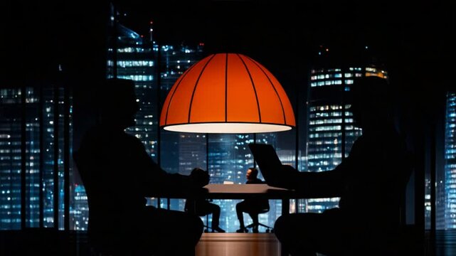 Night Meeting: Silhouetted figures engage in a late-night business meeting, illuminated by a large orange lamp, overlooking a glittering cityscape.