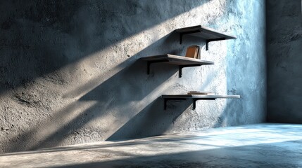 Sunlit Concrete Room Shelves Books Minimalist Interior Design