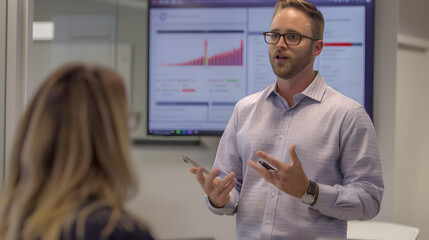 Obraz premium Man in glasses presenting data on a screen to a woman in an office setting with neutral colors