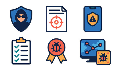 Flat vector icons of ethical hacking and penetration testing: ethical hacker badge, penetration testing report icon, vulnerability scanner app, red team assessment badge, security audit checklist,