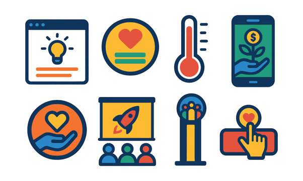 Flat vector icons of crowdfunding and fundraising: crowdfunding campaign page, donation tracker badge, fundraising goal thermometer, crowdsource investment app, charity project funding badge, startup