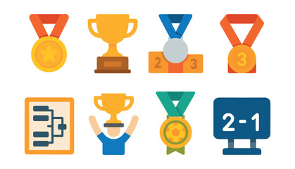 Flat vector icons of sports competitions and medals: gold medal badge, championship trophy icon, silver medal podium, bronze medal finish, tournament bracket sheet, sports cup celebration, match MVP