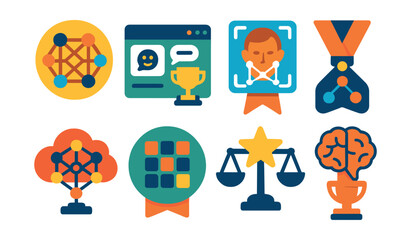 Flat vector icons of artificial intelligence: neural network diagram badge, AI chatbot window trophy, face recognition grid medal, decision tree flow ribbon, deep learning cloud icon, training