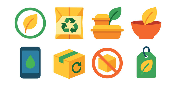 Flat vector icons of sustainable packaging innovations: compostable packaging badge, recyclable paper wraps, biodegradable container set, edible packaging materials, refill station app, reusable