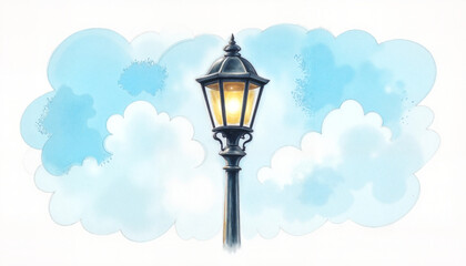 Street lamp glowing against blue cloud background