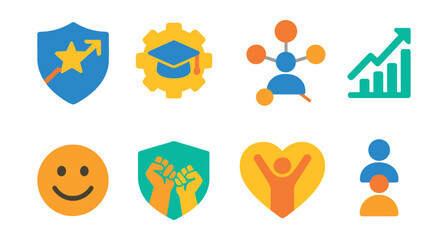 Flat vector icons of mentorship benefits: career acceleration badge, skills enhancement badge, expanded professional network, faster learning curve icon, improved job satisfaction, mentee empowerment