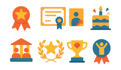 Flat vector icons of recognition and awards for mentorship: best mentor award badge, mentee success story badge, mentoring excellence certificate, mentorship milestone celebration, annual mentor