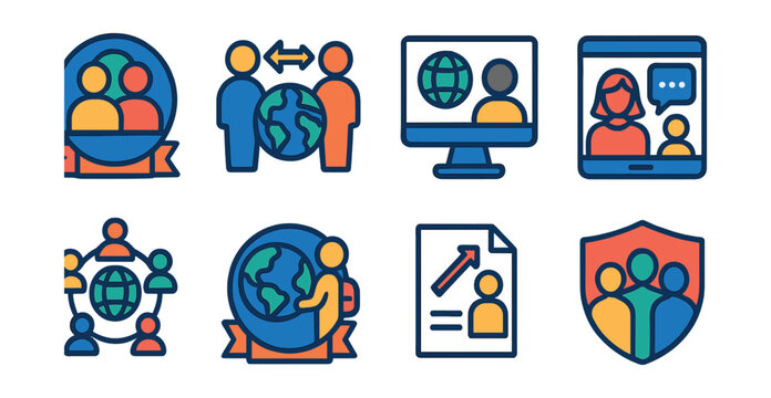 Flat vector icons of global mentorship programs: cross-cultural mentorship badge, international mentoring exchange, online global mentorship platform, virtual mentoring session icon, global career