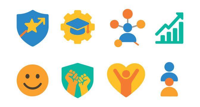 Flat vector icons of mentorship benefits: career acceleration badge, skills enhancement badge, expanded professional network, faster learning curve icon, improved job satisfaction, mentee empowerment