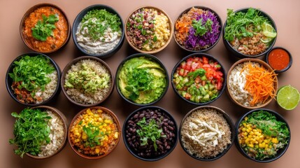 Fototapeta premium Vibrant Array of Healthy Meal Prep Bowls on Brown Background.