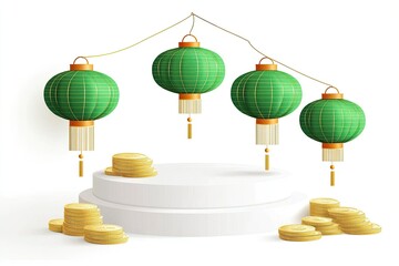 Four green lanterns hang from gold strings, resting on a white pedestal surrounded by gold coins