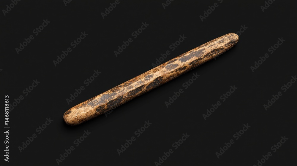 Poster a long, thin, brown object with a rough texture and dark markings.