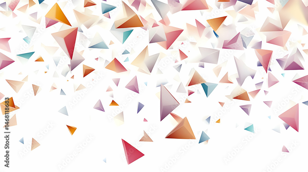 Poster abstract geometric design with floating pastel color pyramids on white