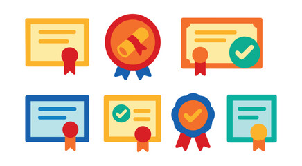 Flat vector icons of professional certifications: official certification diploma, industry certificate badge, global certification award, certified skills badge, qualification diploma icon, verified