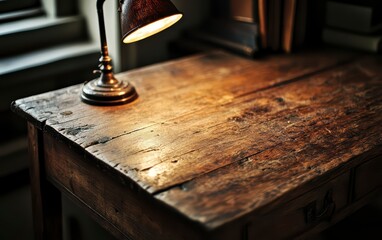 Desk with a lamp on it. The lamp is turned on and the desk is made of wood