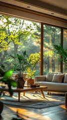 Sunlit living room with large window showcasing lush greenery.  Warm, inviting atmosphere