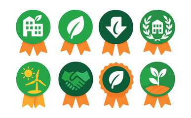Flat vector icons of eco and sustainability certifications: green business certification badge, eco-friendly product certification, carbon neutrality certification, LEED green building certification,